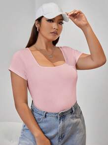 SHEIN EZwear Plus Solid Square Neck Short Sleeve Tee - Pink - View 7