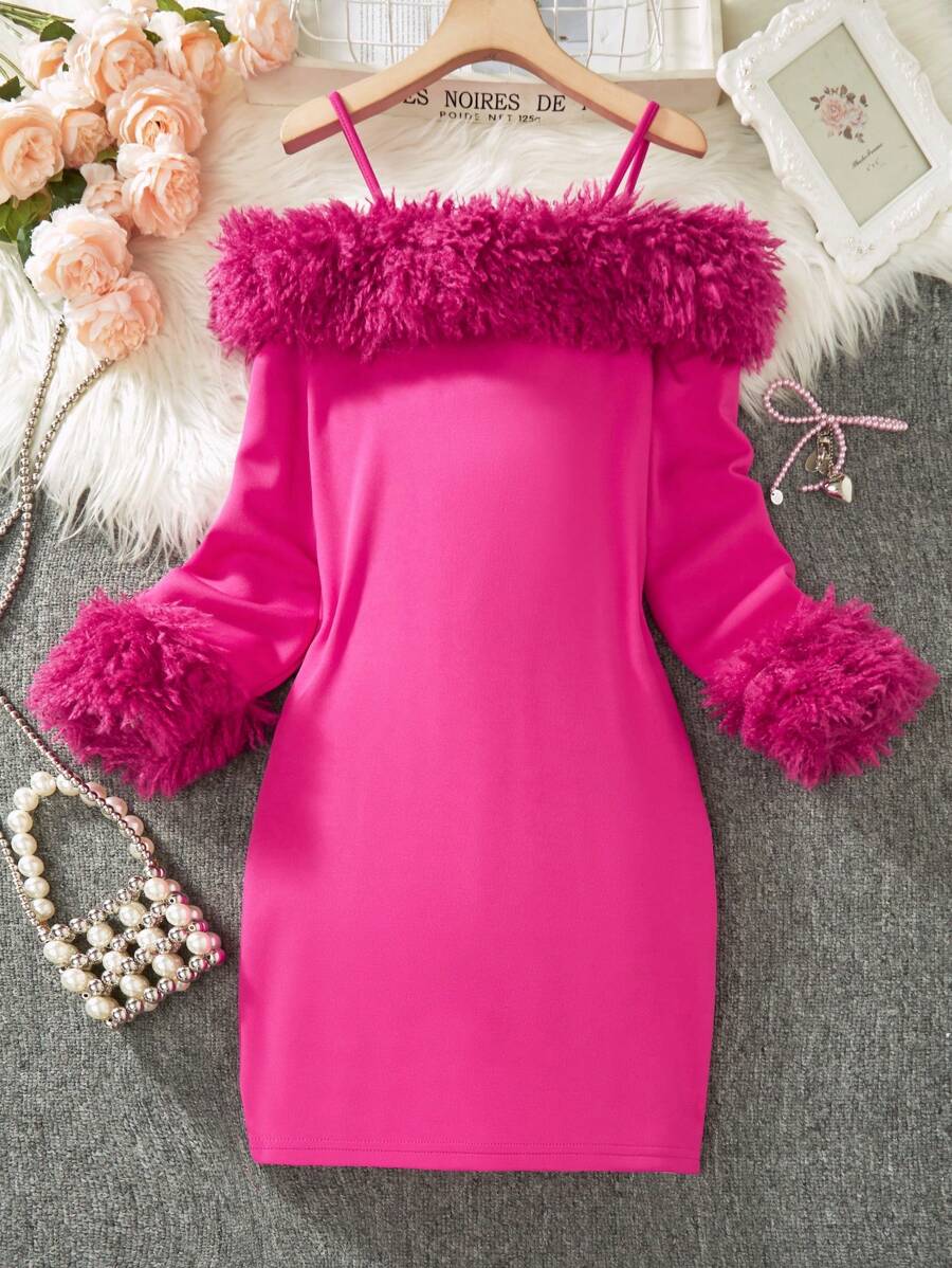 SHEIN Tween Girl Fuzzy Patchwork Open Shoulder Long Sleeve Party Dress, For Christmas - Hot Pink - View 1