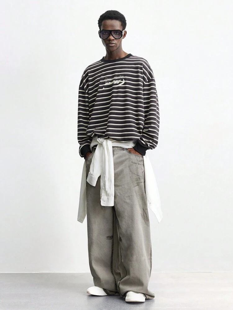 SHEIN Maija Men's Black & White Striped Print Long Sleeve Loose Casual T-Shirt, Versatile For Daily Wear, Dates, Holidays, New Year Party, Vacation, Commuting (Spring 2025 New Arrival)