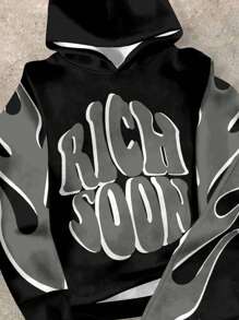 SHEIN 2 件套青少年男孩休闲时尚酷炫“RICH SOON”火焰文字图形印花宽松连帽长袖上衣和裤子套装 - 彩色 - 查看 3