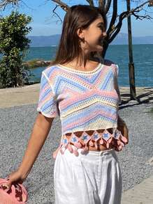 DAZY Blusa de mujer con bloques de color degradado y detalles de flecos, top corto para mujer