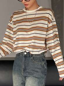 DAZY Contrast Color Stripe Loose Long Sleeve Round Neck Casual Women T-Shirt, Spring & Summer,Fall Clothes - Khaki - View 7