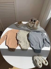 SHEIN LMoss Kids LMoss 3pcs/Set Newborn Baby Boy/Girl Adorable Knitted Striped Elastic Mock Neck Snap Crotch Bodysuit Set, Suitable For Autumn & Winter Indoor Layering - Multicolor - View 2