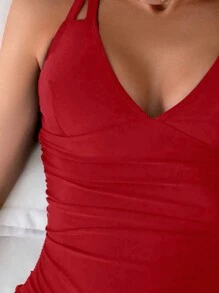 Swim Basics 1pc Women's Solid Color Backless Halter One-Piece Swimsuit Summer - Red - View 4