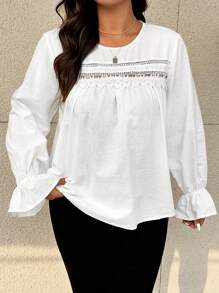 SHEIN Frenchy Plus Size Solid Color Round Neck Long Sleeve Hollow Casual Shirt - White - View 1