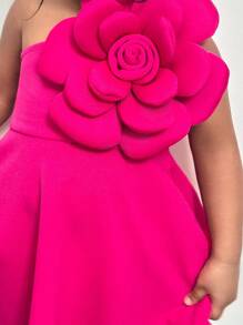 SHEIN SLAYR KIDS Young Girl Lovely Fuchsia 3D Floral One Shoulder Sleeveless Dress, Valentine's Day