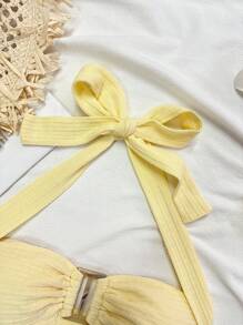 Soleia Women's Spring & Summer Vacation Canary Yellow Knit Texture Halter Tie Knot Front Middot Button Slim Fit Top. Suitable For Afternoon Tea, Street, Vacation, Layering, Party, Date, Valentine's Day, Easter, Carnival, Beach, Cruise Resort, City Road Trip Vacation - Yellow - View 4