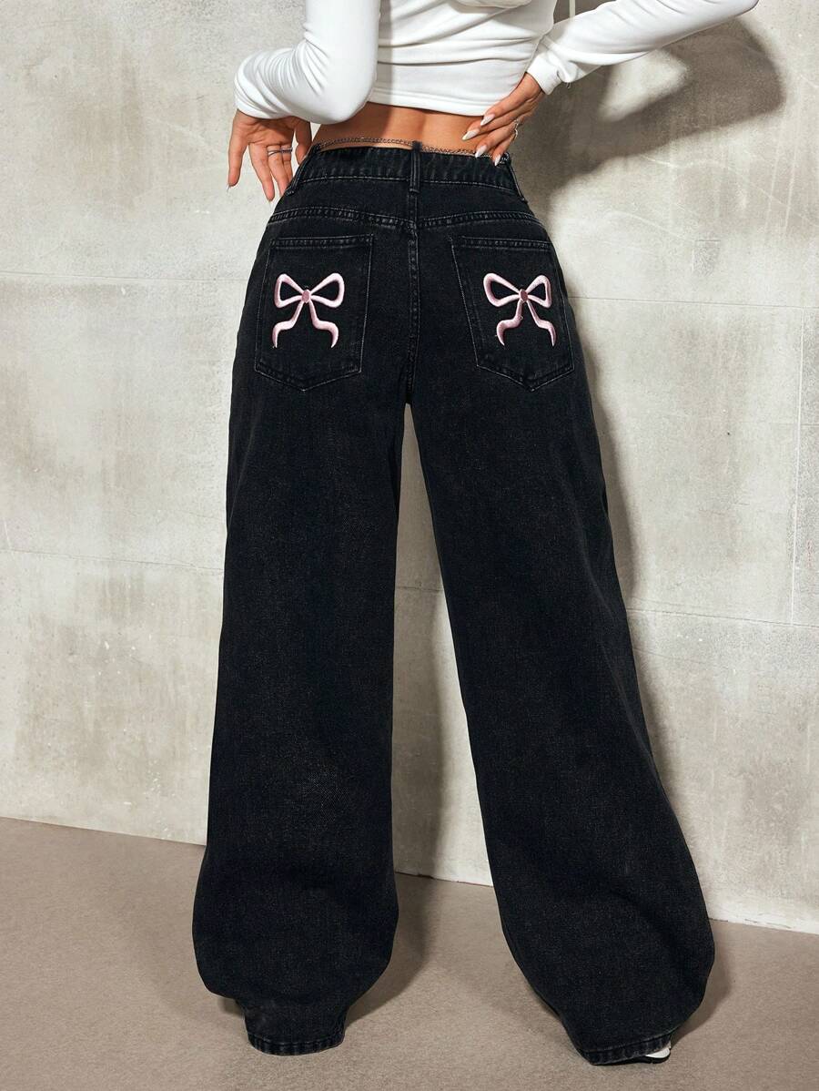 SHEIN EZwear 女士蝴蝶结刺绣宽松阔腿休闲牛仔裤