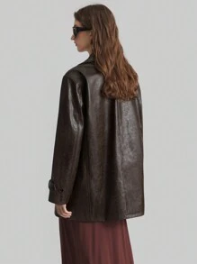 Ontre Women's 2025 New Brown Spring New Year Turndown Collar Pocket Waistband Urban Chic PU Jacket - Brown - View 9