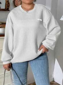 INAWLY Women's Plus Size Textured Crew Neck Sweatshirt Pullover Fall Winter Autumn - White - View 3
