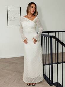 Siren Gaze 派对礼服 女士不对称领口花卉植绒网眼优雅连衣裙 - 杏色 - 查看 5