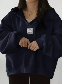 INAWLY 大码休闲字母拼接落肩宽松连帽卫衣，春秋套头衫，秋冬款 - 寶藍色 - 查看 1