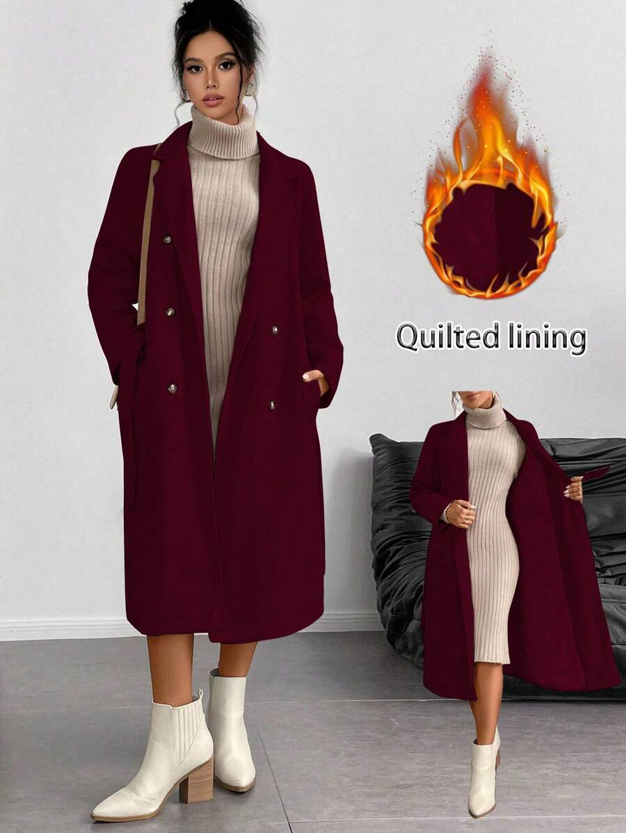 SHEIN Unity 加厚双排扣纯色大翻领系腰风衣 - 酒紅色 - 查看 1