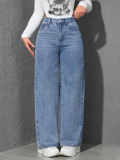 SHEIN ICON Jeans de talla grande para mujer con piernas anchas sueltas, bolsillos y lavado casual para vacaciones