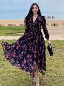 DAZY Women's Floral Print Long Sleeve Mid-Length Vacation Dress, Spring/Fall Boho - Black - View 7