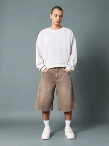 SUMWON 高腰牛仔阔腿宽松百慕大短裤街头风格节日时尚夏季滑板复古棉质舒适牛仔短裤 - 棕色 - 查看 3