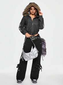 ROMWE Grunge Punk Veste ajustée sombre Yabi Y2K avec imprimé moelleux et totem, hiver - Noir - Voir 5