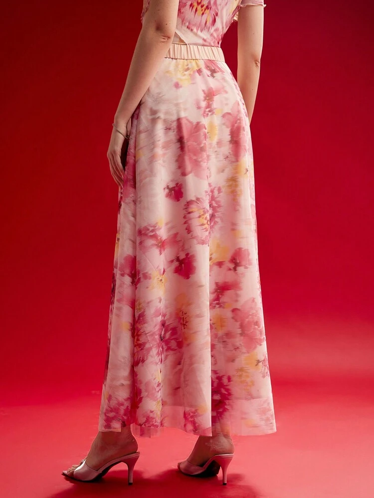 FLORAL PRINT FLOWY A LINE SKIRT,VALENTINE'S DAY,SPRING/SUMMER
