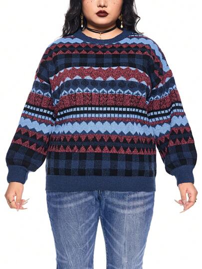 Fairycore Plus Size Grandma Graphic Loose Fit Pullover Sweater, Multi-Color