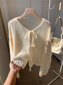 SHEIN EZwear Cardigan décontracté à manches longues avec nœud devant pour femmes, automne/hiver - Jaune citron - Voir 3