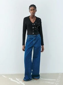 Maija 女士前扣长袖简约亮片装饰衬衫，情人节休闲日常穿着 - 黑色 - 查看 2