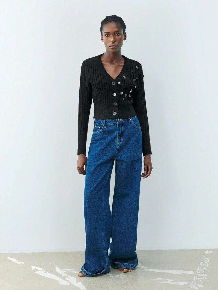 SHEIN Maija Women Front Button Long Sleeve Minimalist Sequin Decor Blouse, Casual Daily Wear Valentine's Day