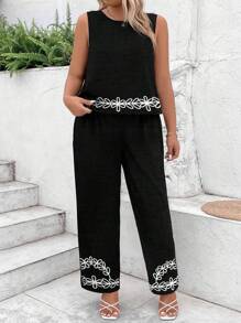 SHEIN LUNE Women's Plus-Size Woven Print Casual Summer Two-Piece Set - Black - View 3