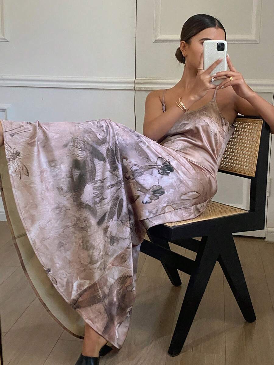 DAZY Elegant All-Over Floral Print Maxi Slip Dress Sundress,Fall Clothes - Brown - View 1