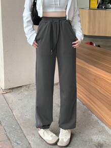 DAZY 女士纯色保暖内衬厚款休闲运动裤，百搭，四季皆宜 - 灰色 - 查看 6