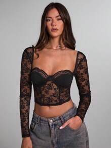 SHEIN BAE 女式甜心领长袖蕾丝拼接黑色紧身胸衣上衣性感新年上衣，新年女装，女式紧身胸衣上衣