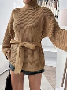 EURMUSE Women's Solid Color High Neck Drop Shoulder Long Sleeve Ribbed Tie Front Casual Sweater, For Autumn/Winter - Apricot - View 1
