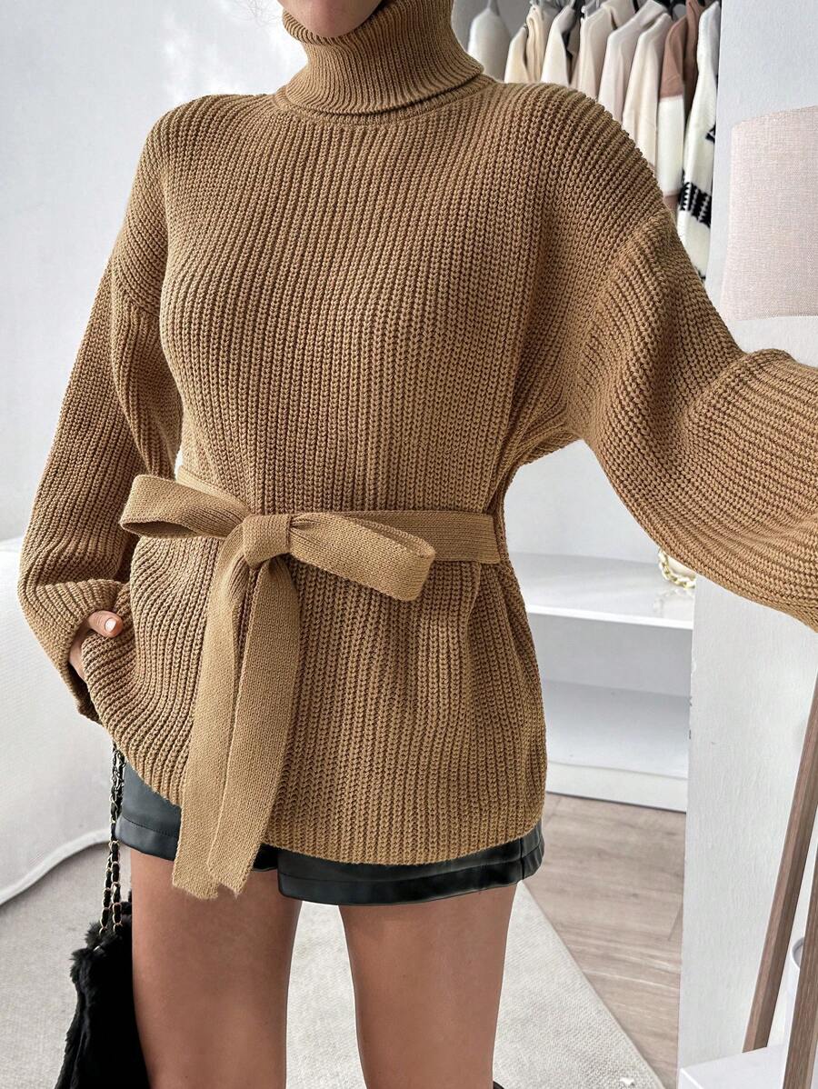 EURMUSE Women's Solid Color High Neck Drop Shoulder Long Sleeve Ribbed Tie Front Casual Sweater, For Autumn/Winter - Apricot - View 1