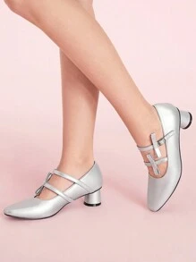 CUCCOO DOLLMOD Bowknot Chunky Heel Mary Jane High Heels For Women Valentines - Silver - View 5