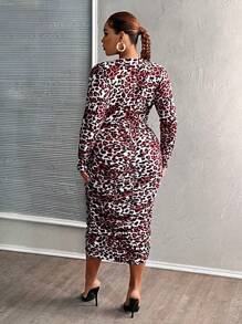 Slaydiva Plus Size Elegant Sexy Fit V-Neck Pleated Leopard Pattern Long Dress For Party/Gathering/Date, Spring Autumn - Red - View 2