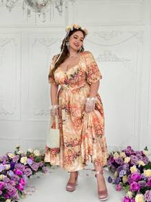 Flirla 大码复古印花连衣裙，非常适合外出、返校、日常休闲穿着、情人节 - 彩色 - 查看 3