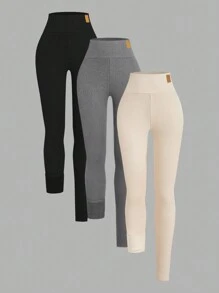 SHEIN EZwear 3pcs Women Solid Color Thermal Lined Leggings, Autumn/Winter