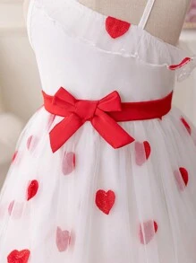 Glamorique Kids Infant/Baby Girl Valentine's Day Red Heart Mesh Asymmetric Shoulder Ruffles Bow Flutter Pleated Mesh Hem Dress, Spring/Summer - Red and White - View 3