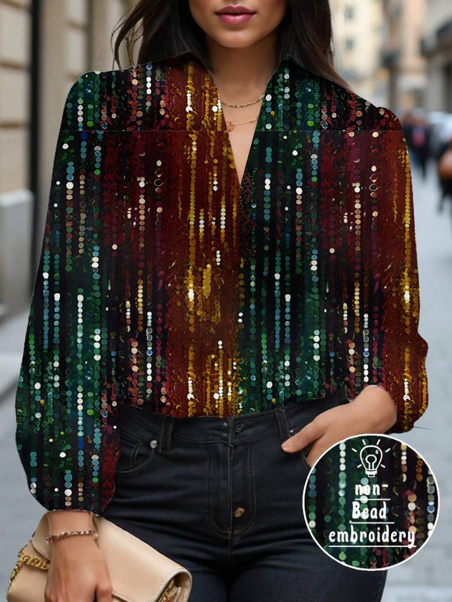 Glamance Warp Atelie Bluse extra-large, multicolore, con maniche extra lunghe, con risvolto, casual, con stampa all-over, abiti estivi semplici e casual da donna per uscire, cime estive