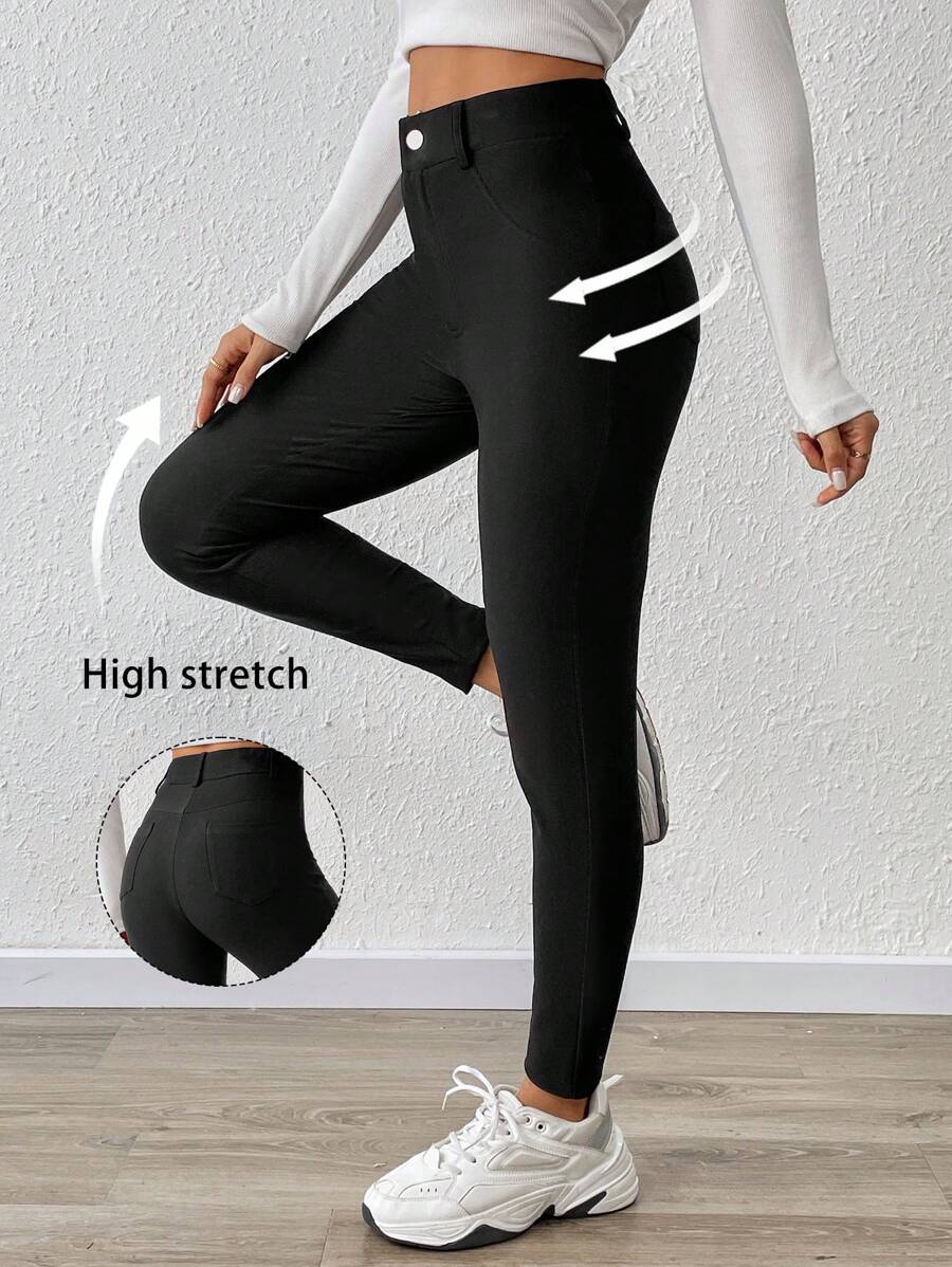 SHEIN Essnce Pantalon slim pour femme, affinant et mettant la silhouette en valeur, Leggings noirs décontractés pour femmes, leggings skinny avec doubles poches latérales, longueur normale - Noir - Voir 1