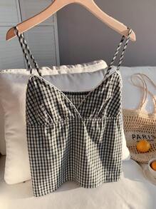 Comfortcana Women's Black & White Plaid V-Neck Ruffle Camisole