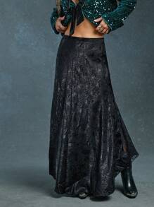 WESTFADE Western Mixed Media Floral Patterned Woven Jacquard & Lace Midi Skirt Spring Break Music Festival - Black - View 4