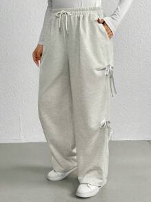 SHEIN Frenchy Pantalón de chándal gris cómodo y holgado con diseño de lazo para tallas grandes