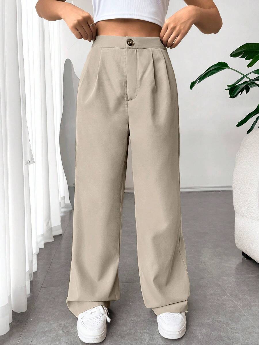 SHEIN EZwear 休闲百搭简约纯色直筒裤 - 香檳色 - 查看 1