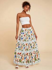 Travachic 女士度假雪纺花卉印花百褶高腰宽松半身裙 - 白色 - 查看 3