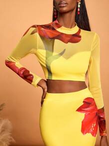 HEAVINZ LANE 设计师波西米亚风浅黄色春夏花卉印花奶油黄网眼高领短款上衣，适合女士夏季热带度假、外出、节日、伊比沙岛 - 黃色 - 查看 5