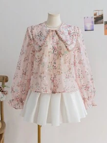 Soleia Women's Plus Size Rose Print Sheer Layered Frill Trim Long Sleeve Blouse, Suitable For Vacation, Autumn/Winter, Valentine's Day