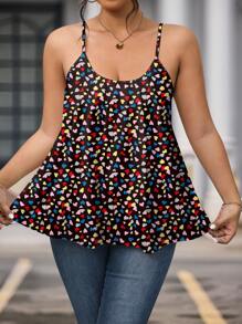 SHEIN LUNE Plus Size Women Heart Print Ruched Loose Cami Top, Valentine's Day - Black - View 1