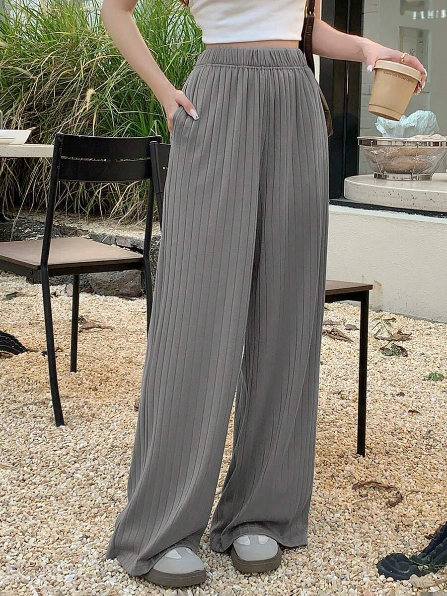 DAZY Women Casual Versatile Elastic Waist Knit Pants - Grey - View 1