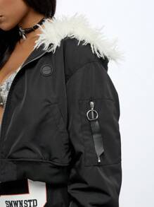 SUMWON WOMEN Winter Snow Fur Hood Bomber Flight Jacket Streetwear Padded Oversized Outerwear Warm Style Retro Y2K Crop Top Urban Aesthetic Casual