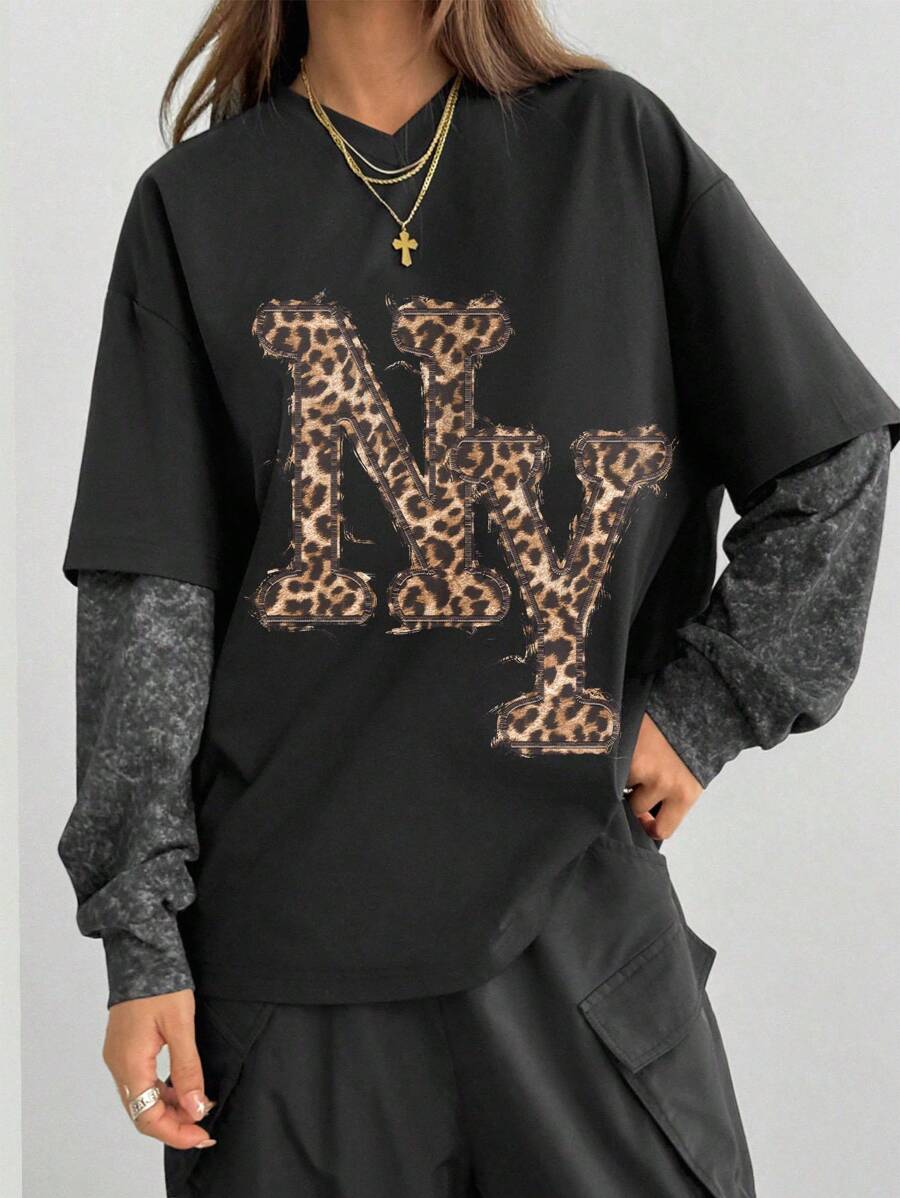 SHEIN EZwear Áo thun Rapper Patchwork False Two thời trang hàng ngày dành cho nữ - Nhiều màu - Xem 1